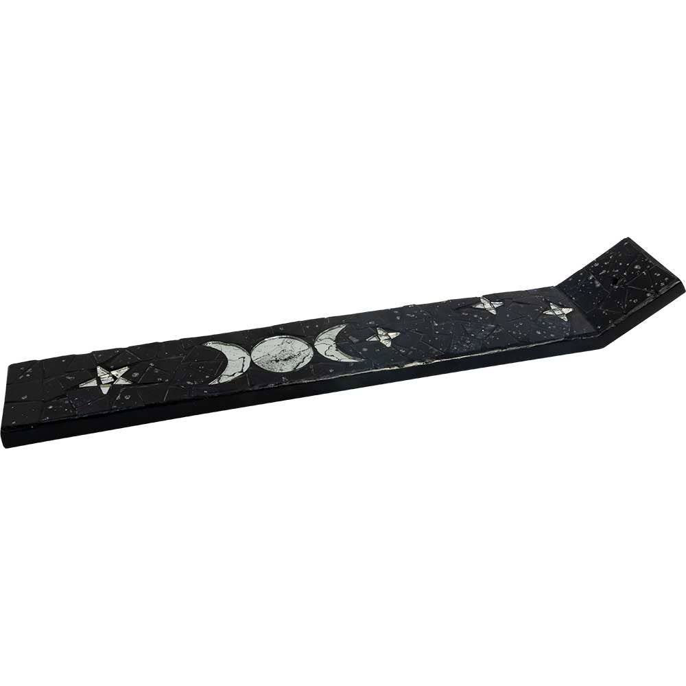 Wood Incense Holder-Mosaic Triple Moon Black 13"