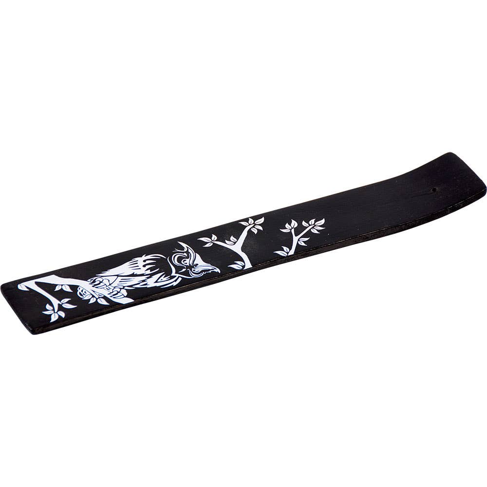Wood - Painted Incense Holder / Owl - Black - 10"