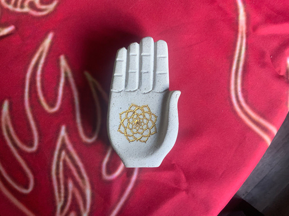 Resin Incense Holder-Recycled-Hand/Gold Lotus 3X6"L