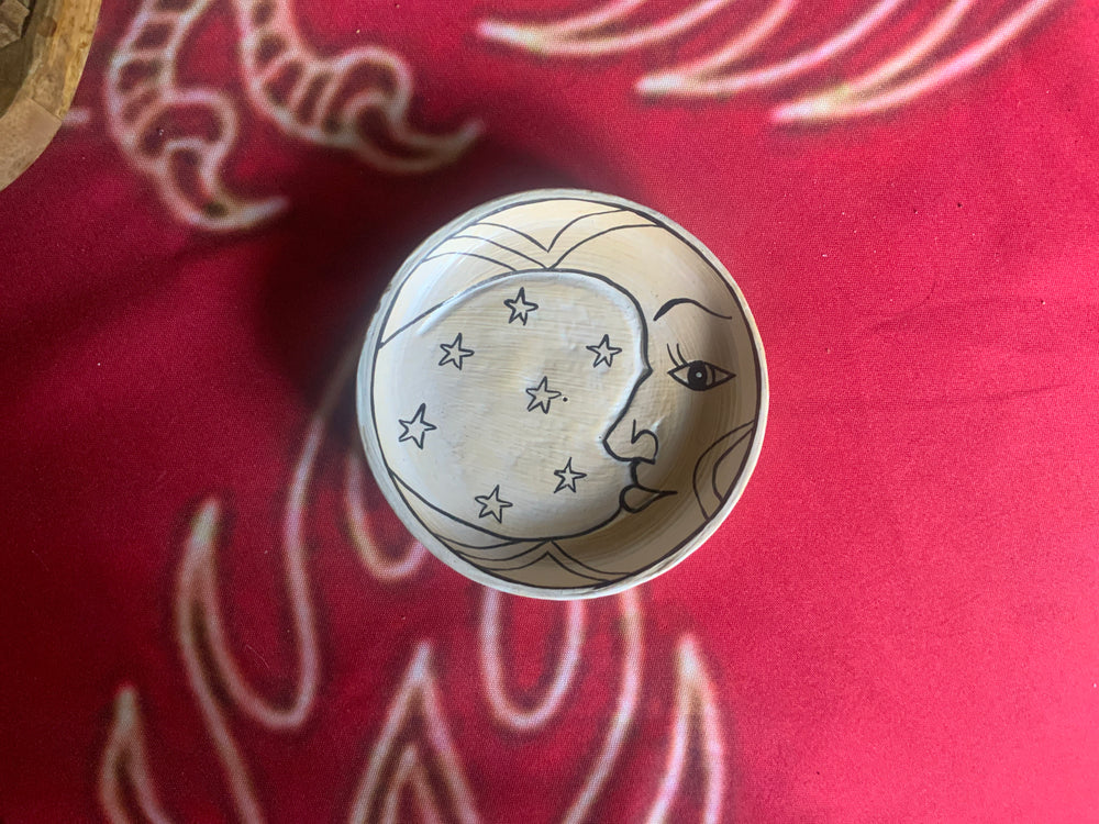 Wood Incense Holder-Carved White Wash Moon 4.5"Dia