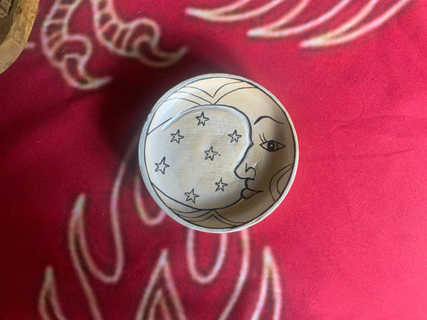 Wood Incense Holder-Carved White Wash Moon 4.5"Dia