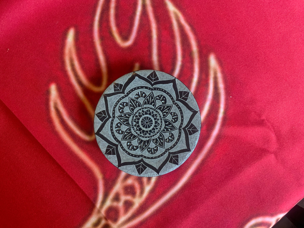 Soapstone Incense Holder-Round/Lotus Mandala-Black-4"