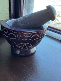 Mortar & Pestle - Purple Soapstone - Moon & Pentacle -3.5"