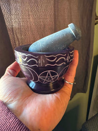 Mortar & Pestle - Purple Soapstone - Moon & Pentacle -3.5"