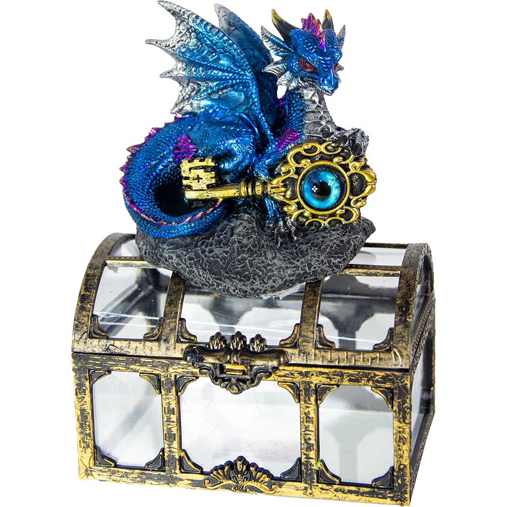 RESIN DRAGON-ON TREASURE CHEST-BLUE W/DRAGON EYE KEY 3.5X5"H