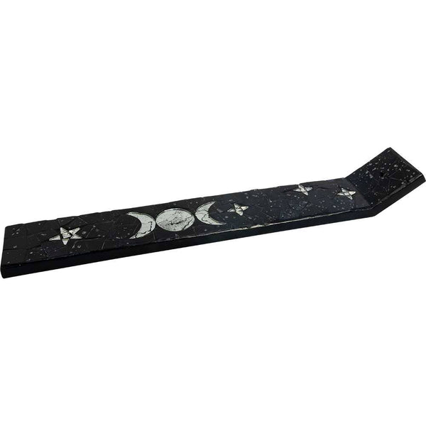 Wood Incense Holder-Mosaic Triple Moon Black 13"