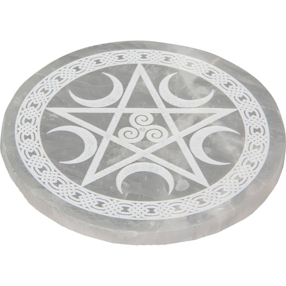 Selenite Incense Holder-Round/Etched Pentacle-3.5"
