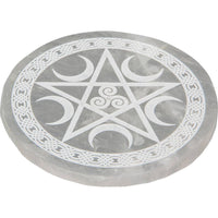 Selenite Incense Holder-Round/Etched Pentacle-3.5"