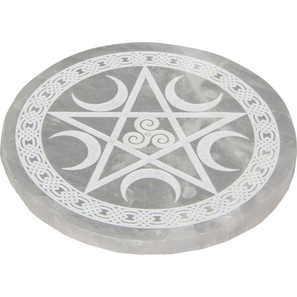 Selenite Incense Holder-Round/Etched Pentacle-3.5"