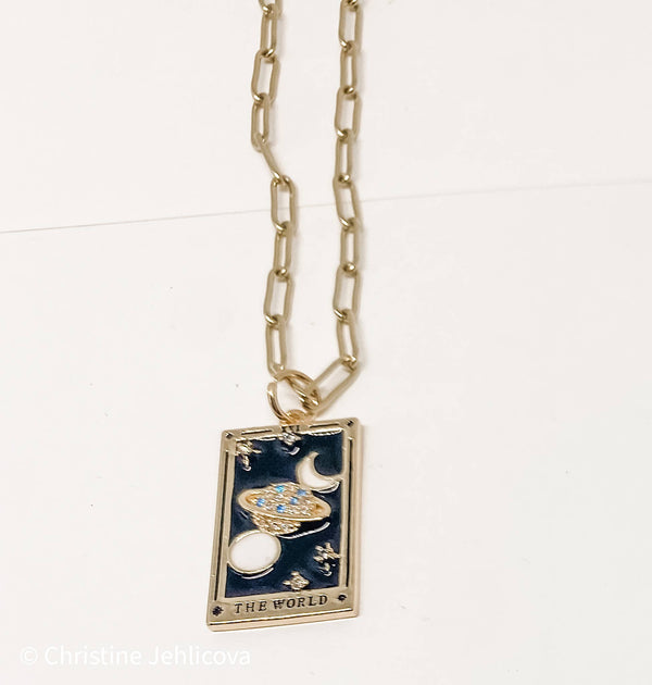 Tarot Card Necklace-The World- Steel enamel glass paperclip