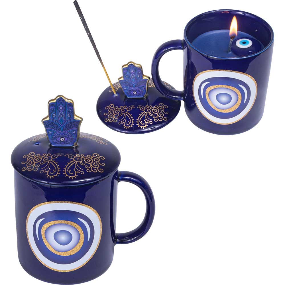 Coffee Mug Candle&Inc.Holder-Fatima Hand W/Evil Eye 5.5"H