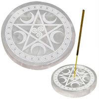 Selenite Incense Holder-Round/Etched Pentacle-3.5"