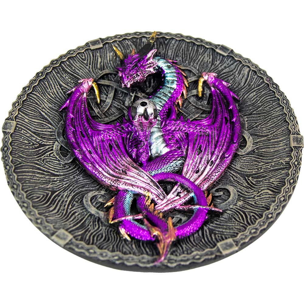 POLYRESIN INCENSE HOLDER-PURPLE CELTIC DRAGON 4.5"DIA