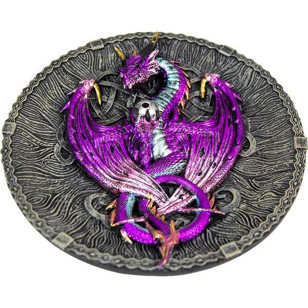 POLYRESIN INCENSE HOLDER-PURPLE CELTIC DRAGON 4.5"DIA