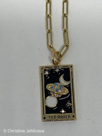 Tarot Card Necklace-The World- Steel enamel glass paperclip